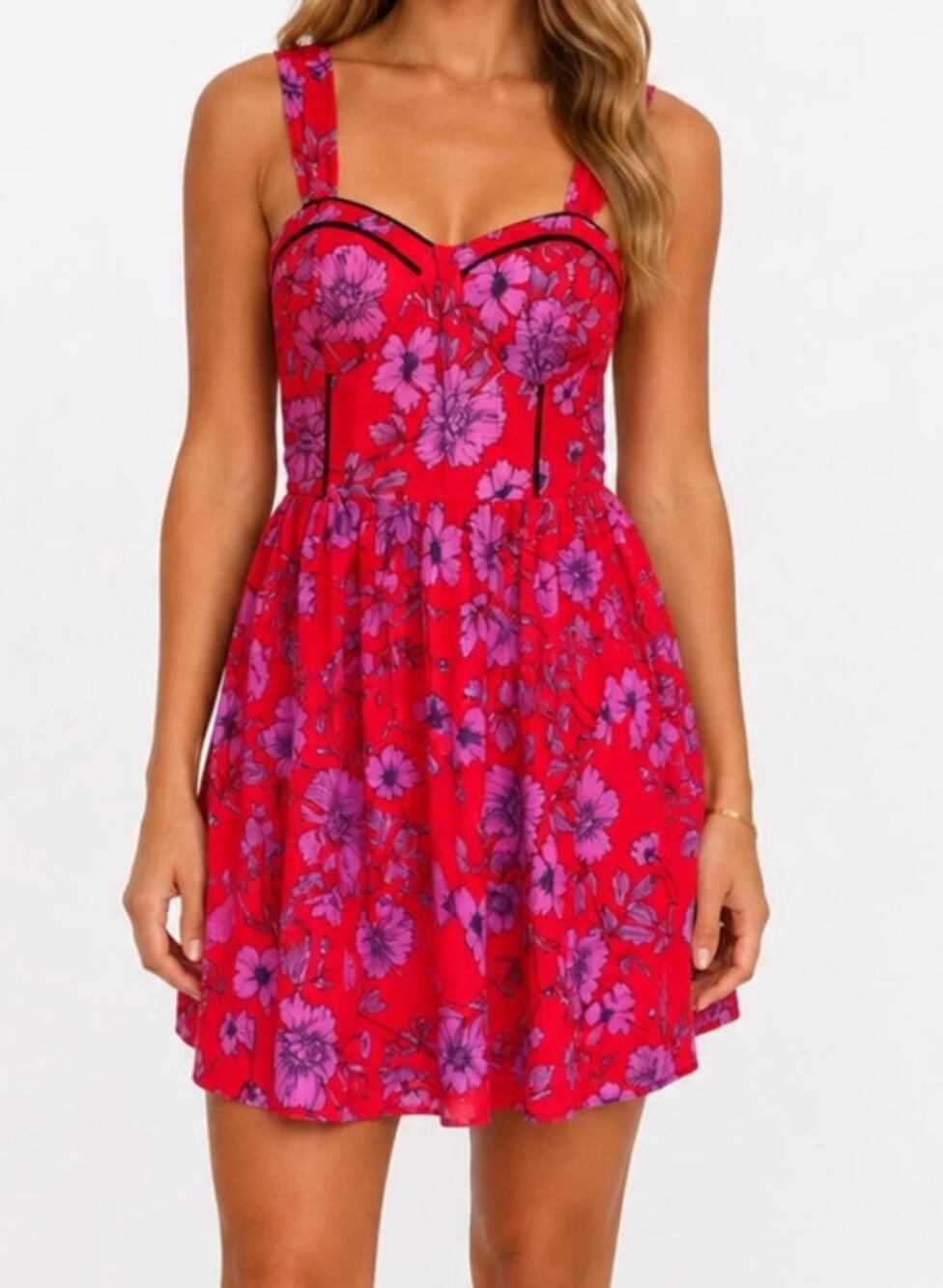Band of the Free Red floral mini dress bustier bodice style Western PinUp S 4085